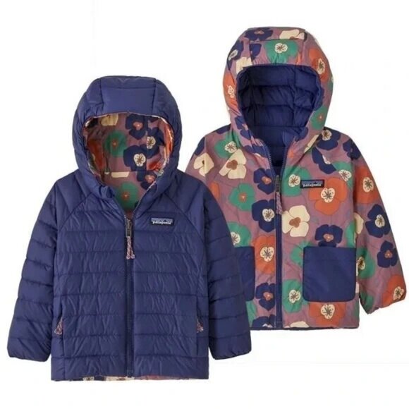 Patagonia Baby Reversible Down Sweater Hoody Down Jacket Blue Floral Kids Size 3 - Picture 1 of 6